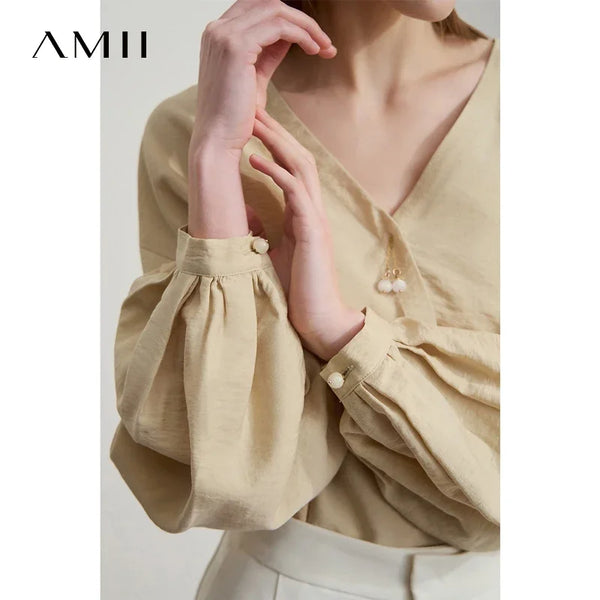 Amii Women's Autumn Minimalist V-Neck Down Sleeve Shirt 2026 New Lyocell Solid Color Loose Casual Top Blouse Women 12551048