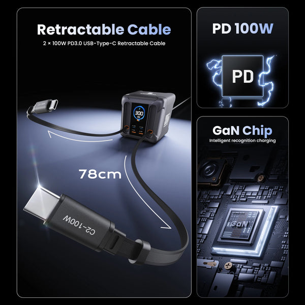 ស្ថានីយ សាក ថ្ម យូអេសប៊ី GaN 300W ជាមួយ ខ្សែ អាច ដក ចេញ បាន 100W USB Type C PD 3.0 PPS ឆ្នាំង សាក លឿន សម្រាប់ iPhone 17 Samsung Macbook ថេប្លេត