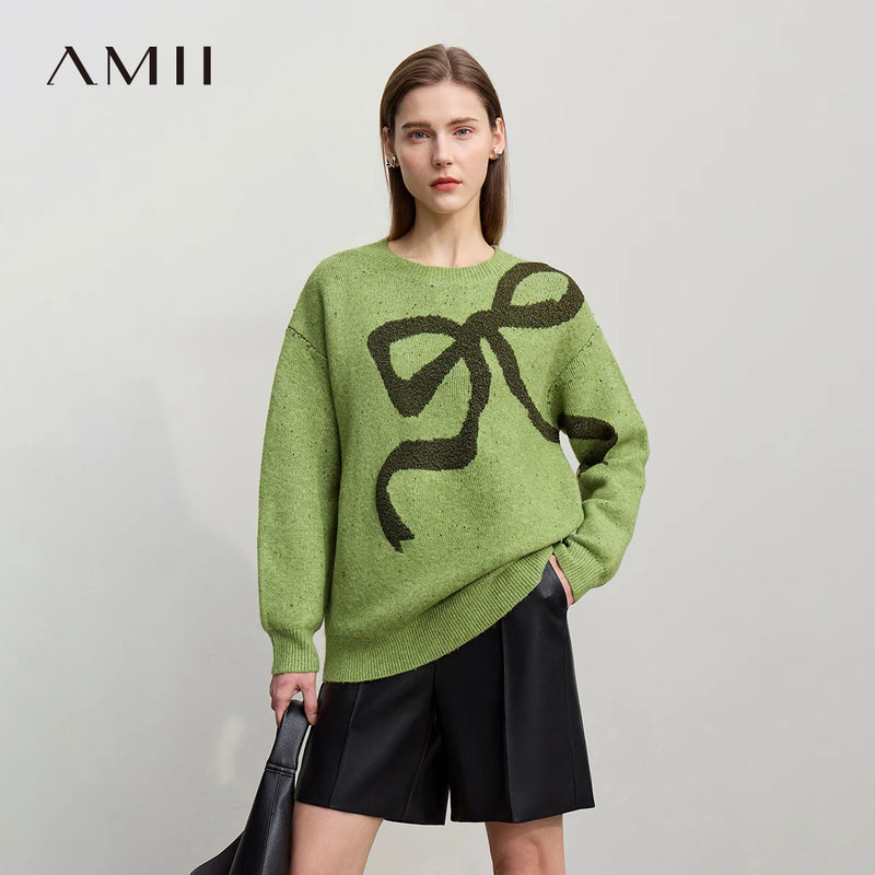 Amii Women's Sweater 2026 Winter New Casual Versatile Thicken Bow Jacquard Sweater Loose Knit Women's Long Sleeve Top 12544171