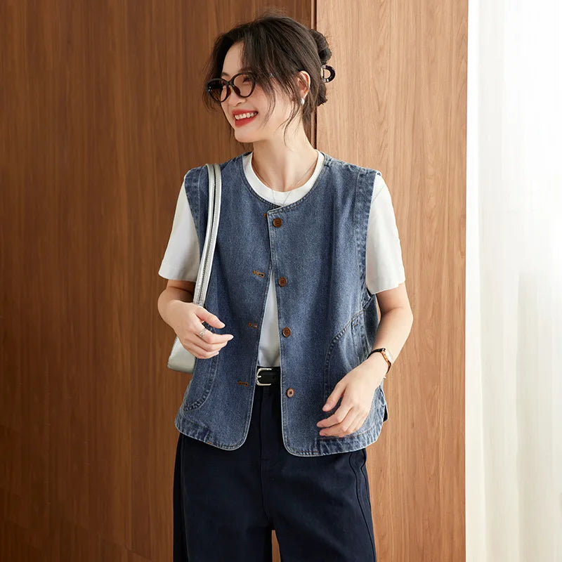 Fashion Versatile Vest Loose Denim Short Jacket Sleeveless Top Women Spring Autumn Buttons Female Waistcoat Casaco Feminino