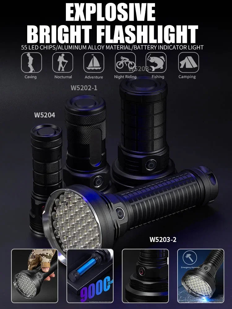 ពិល LED ថាមពលខ្ពស់ ចង្កៀងចម្ងាយឆ្ងាយ ថ្មដែលភ្ជាប់មកជាមួយ ពិលប្រភេទ C សម្រាប់បោះតង់នេសាទ