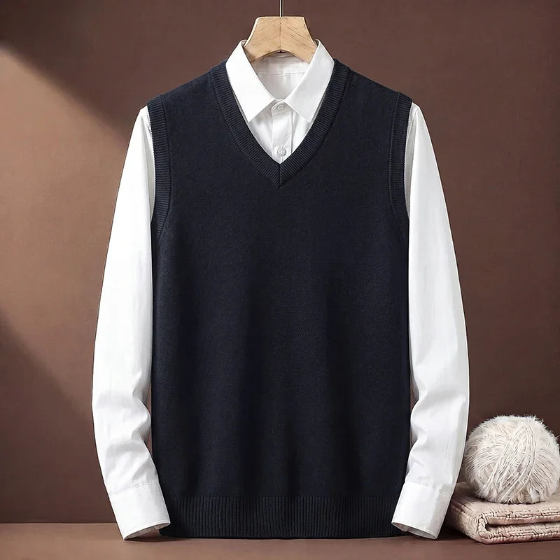 V Neck Sleeveless Plain Knit Vest For Men Soft Handfeel Knitwear Business Formal Sweater Tank Top Autumn Layering Clothes