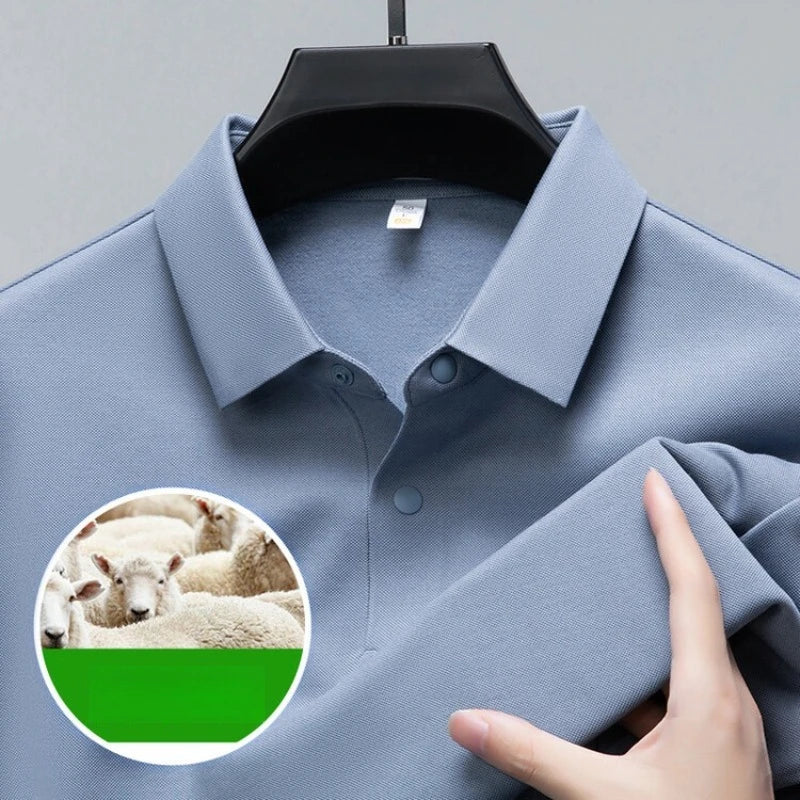 Premium Silk & Wool Blend Polo Shirt - Soft Winter Fleece Lining Luxury Business Casual Wear