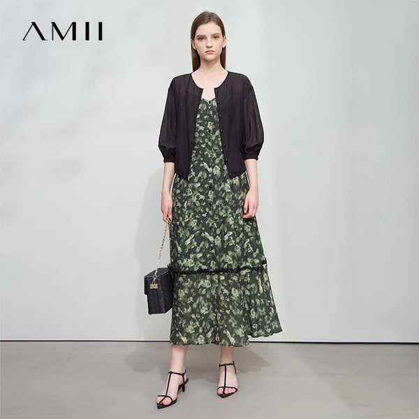 រ៉ូប Amii Minimalism សម្រាប់វិស្សមកាលធម្មតាឆ្នាំ ២០២៦ រដូវក្តៅថ្មីសម្រាប់ស្ត្រី រ៉ូបផ្កាចង្កេះស្ដើងបែប Vintage Crinkle Chiffon 12542080