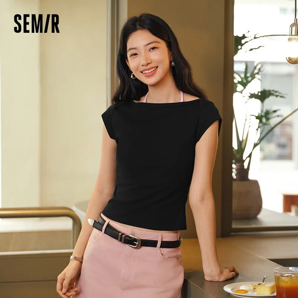 អាវយឺតនារី Semir ឆ្នាំ ២០២៦ ស្ទីលខ្លីក Slash Cut Slim ពណ៌រឹង ត្រជាក់ មានអារម្មណ៍ទាន់សម័យ