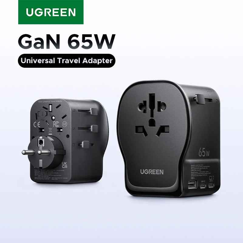 UGREEN GaN 65W Universal Travel Adapter 2 USB-C 1 USB-A AC Socket CE FCC UL Certified Fast Charger EU US UK Plug With Grounding