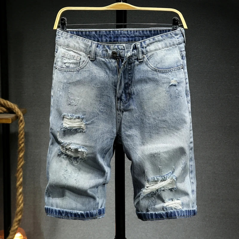 2026 New Men's Blue Hole Denim Shorts, Summer Casual Jeans Shorts Asian Sizes 28-36 38 40