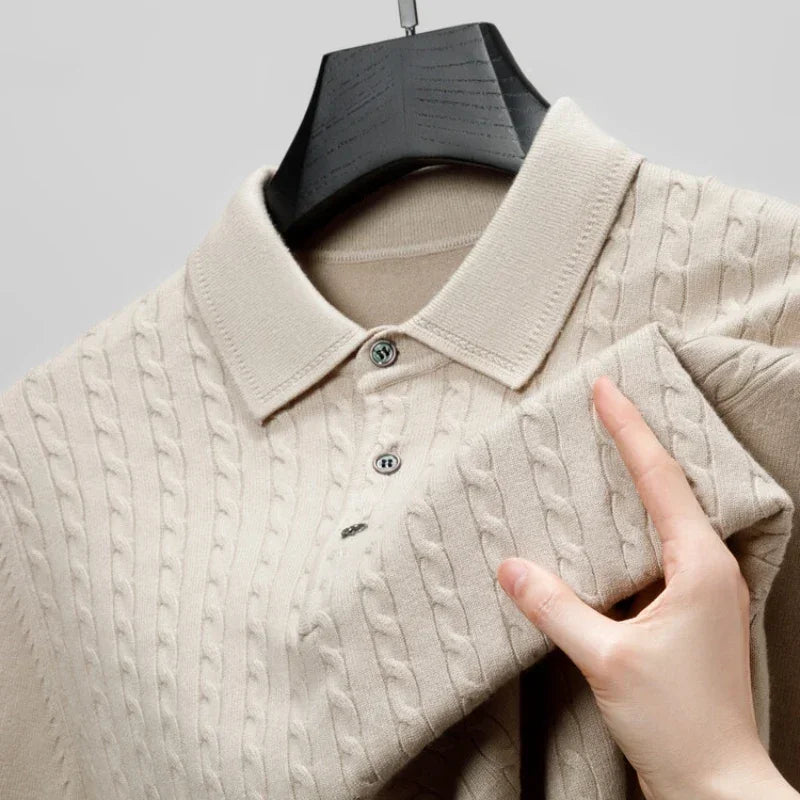 Men's Old Money Twisted Knit Solid Color Long Sleeve Polo Shirt - Business Casual Pullover Sweater for Autumn