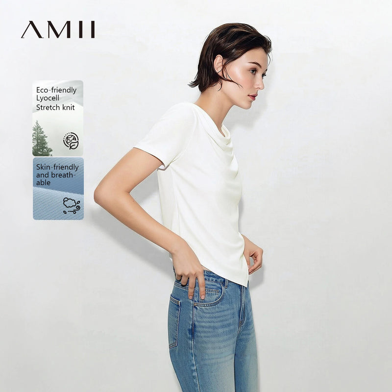 Amii Women's T-Shirt 2026 Summer New Cowl Neck Asymmetric Hem Shirred Tee Stretch Short Sleeve Casual Top For Women 12642069