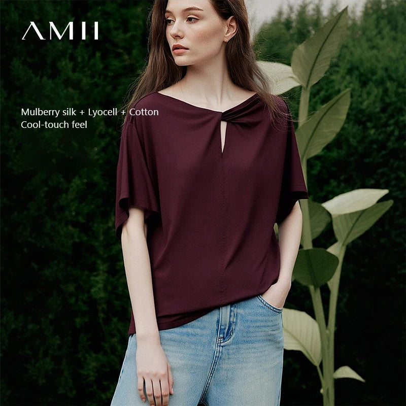 អាវយឺតកប្បាស Amii សម្រាប់នារី រដូវក្តៅ ឆ្នាំ២០២៦ ថ្មី ងាយស្រួលប្រើ រលុង សមឥតខ្ចោះ កមូល ដៃខ្លី សម្រាប់នារី 12622044