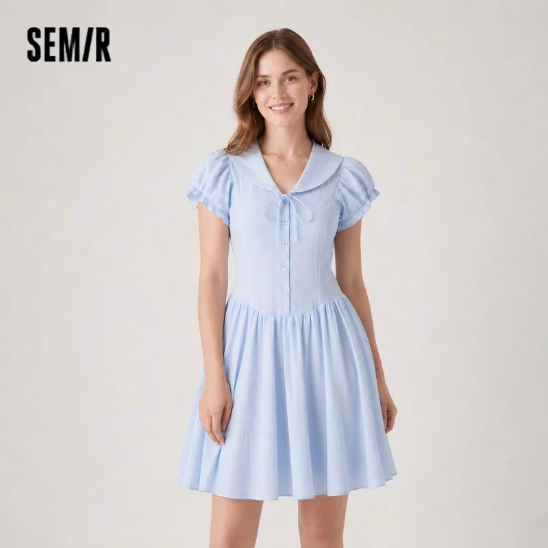 Semir Women Dress Sailor Collar Bow Lace Waist Cinching Slim Fit Sweet Stylish Mini 2026 Summer Fashion Casual Top