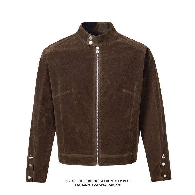 Men's Retro Suede Jacket Vintage Stand Up Collar Zip Up Biker Jacket |Y2K High Street Loose Fit Short Coat Casual Daily Wear
