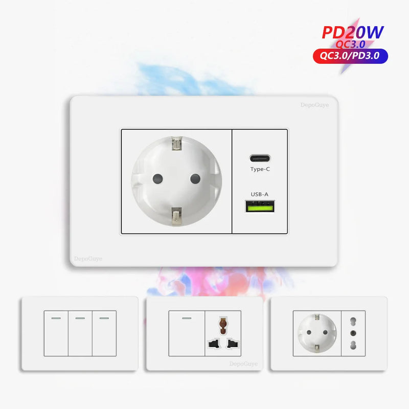 EU Korea Standard 4*2 Wall Light Switch Socket,USB Type-c 20W Fast Charger plug,1/2/3/4/Gang 2 Way Switch PC Panel Power ON OFF