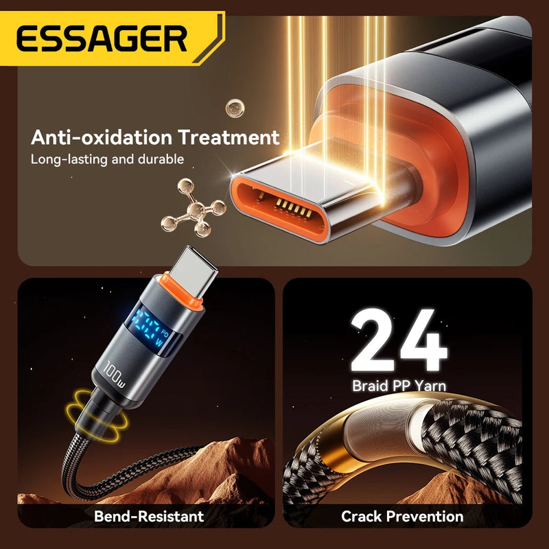 ខ្សែសាក Essager 100W ប្រភេទ C ទៅប្រភេទ C 5A PD សាកលឿន USB C ទៅ USB C សម្រាប់អេក្រង់ Macbook Laptop iPad Xiaomi iPhone 16 15