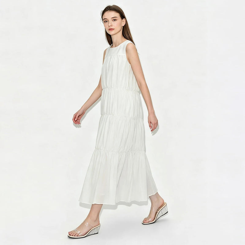 Amii 100% Cotton Women Dress 2026 Summer New Round Neck Sleeveless Back Tie Casual Vacation Style A-Line Midi Dress 12642110