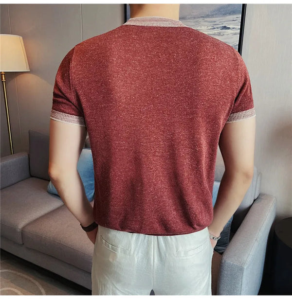Men's Linen Blend Color-Block Knit Polo – Breathable, Moisture-Wicking Short Sleeve Shirt with Natural Drape