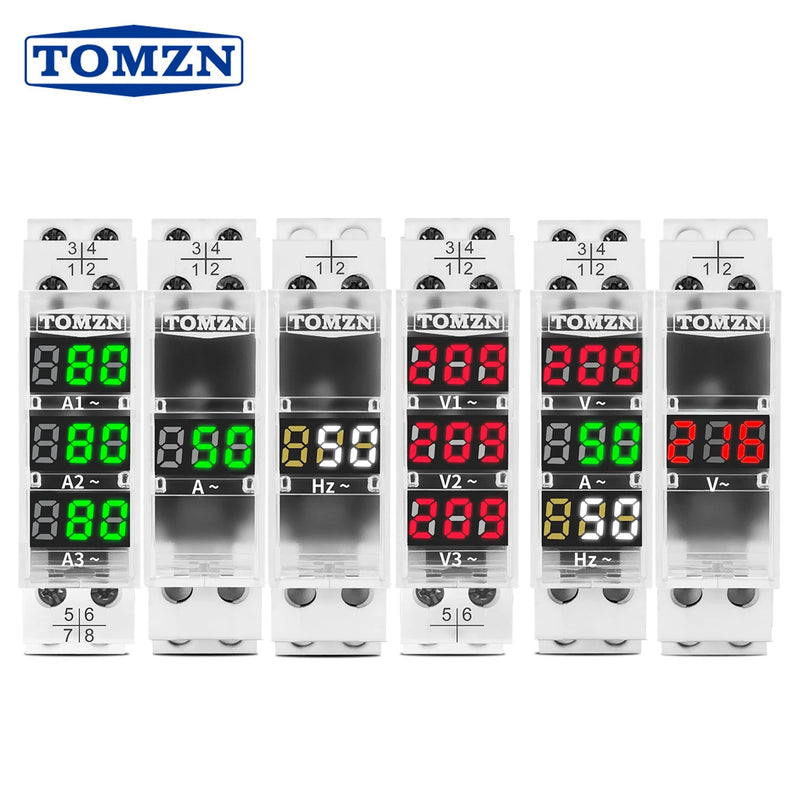 TOMZN DIN Rail 18mm AC 40-500V 220V 380V Voltage Meter Ammeter Single Three Phase Modular Indicator LED Digital Display Detector