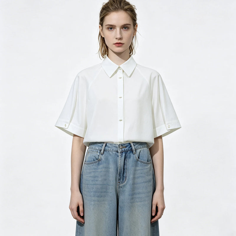 Amii White Women's Shirt 2026 Summer Lapel Collar Metal Button Dolman Sleeve Blouse Simple Loose Casual Top For Women 12642086