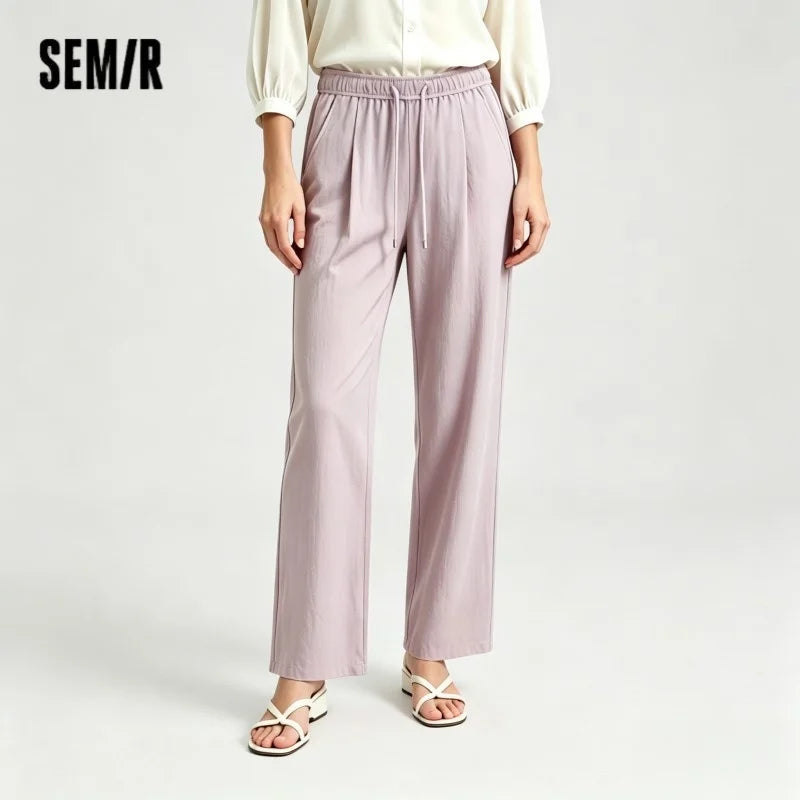 Semir Women Pants Textured 2026 Solid Ruffle Trim Elastic Waist Wide Leg Urban Casual Everyday Style Soft Comfortable