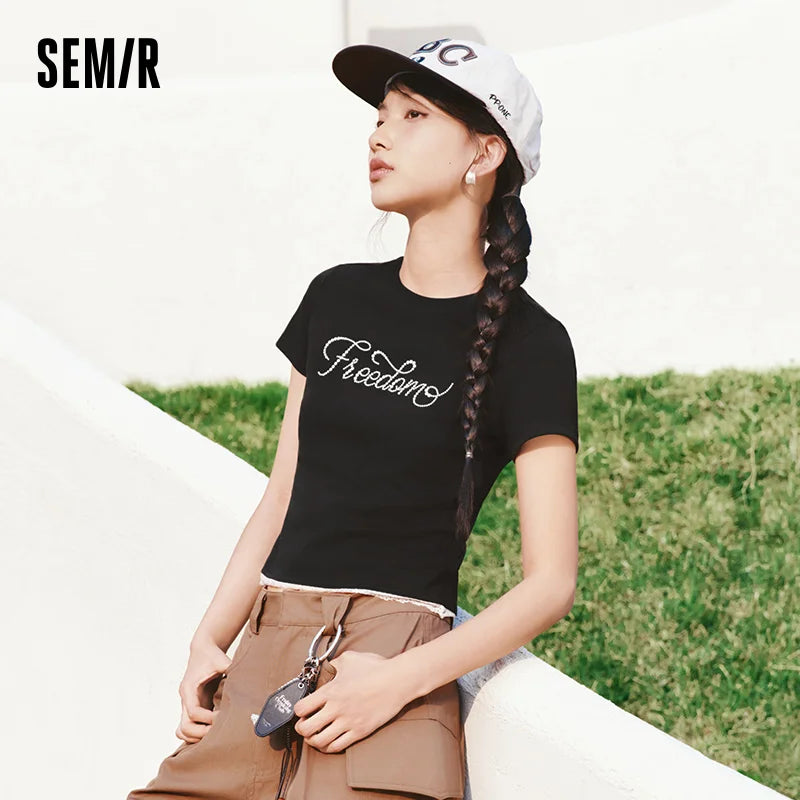Semir Women Tshirt Short Lace Fake Two Piece Beaded Letter Slim Fit Short Sleeve 2026 New Elegant Daily Top Wear