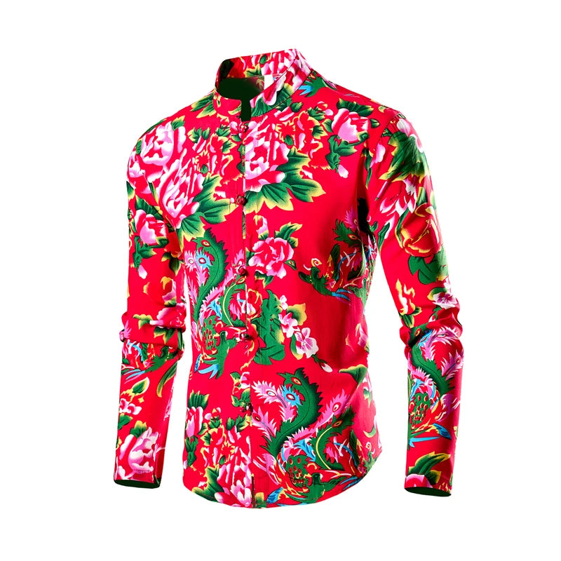 Chinese Style Men's Red Stand-up Collar Long-sleeved Shirt, Single-breasted Printed Shirts, Fashion Casual Camisas. New 2026