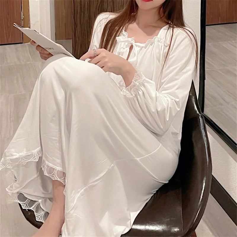 Fdfklak New Ins Palace Women's Sleep Dress Spring Autumn Long-Sleeve Nightgowns Princess Nightdress Comfortable Home Clothes