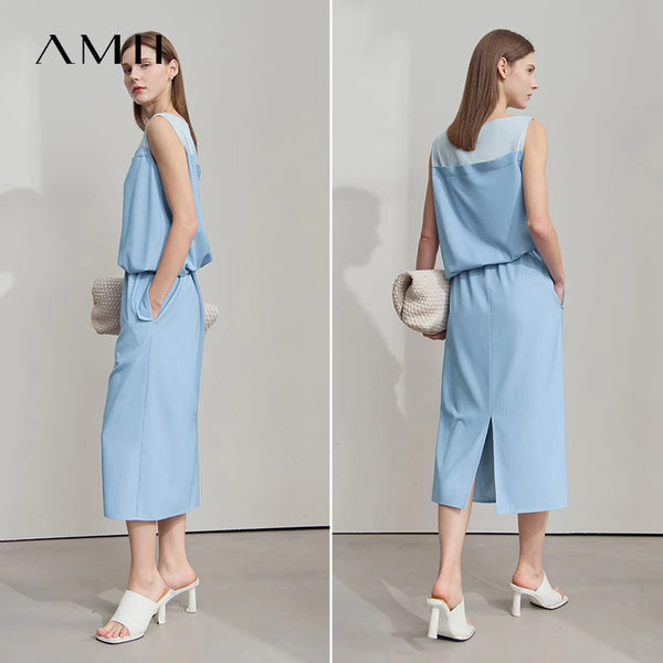 រ៉ូប AMII Comfort Vented ដៃខ្លី ពណ៌ចម្រុះ រដូវក្តៅ ឆ្នាំ២០២៥ សម្រាប់នារីការិយាល័យ ចង្កេះរាបស្មើ លំនាំប៉ាក់ រ៉ូបរលុង សម្រាប់នារី 12552024