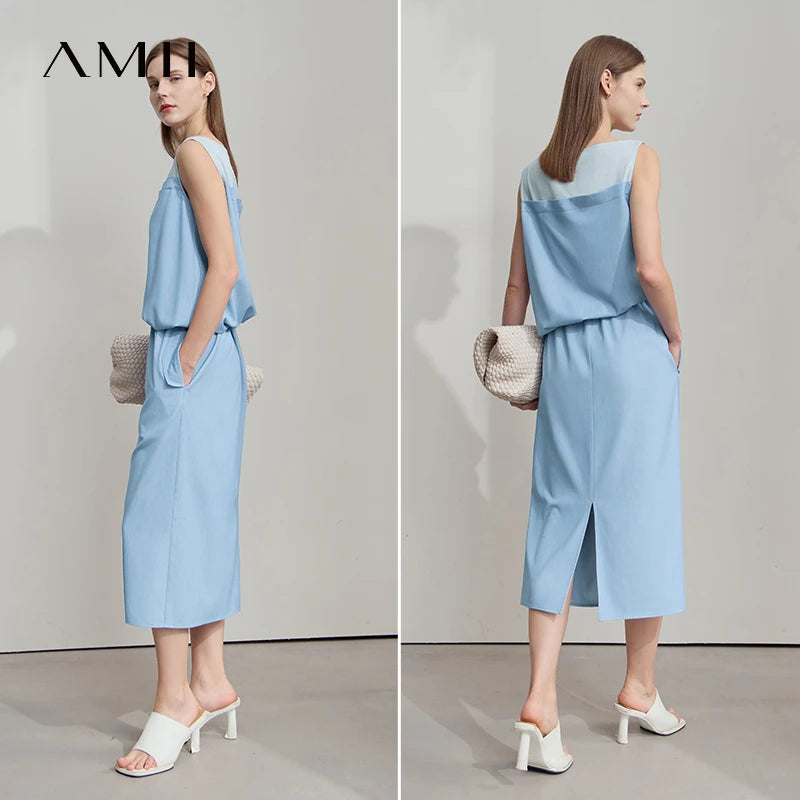 រ៉ូប AMII Comfort Vented ដៃខ្លី ពណ៌ចម្រុះ រដូវក្តៅ ឆ្នាំ២០២៥ សម្រាប់នារីការិយាល័យ ចង្កេះរាបស្មើ លំនាំប៉ាក់ រ៉ូបរលុង សម្រាប់នារី 12552024