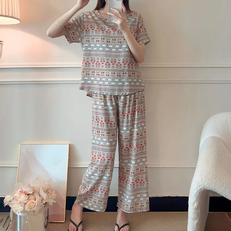 Comfort for Homewear Floral Pajamas 2 Pieces Set for Woman Casual Summer New Short Sleeve Sleepwear Women's Loungewear Suit