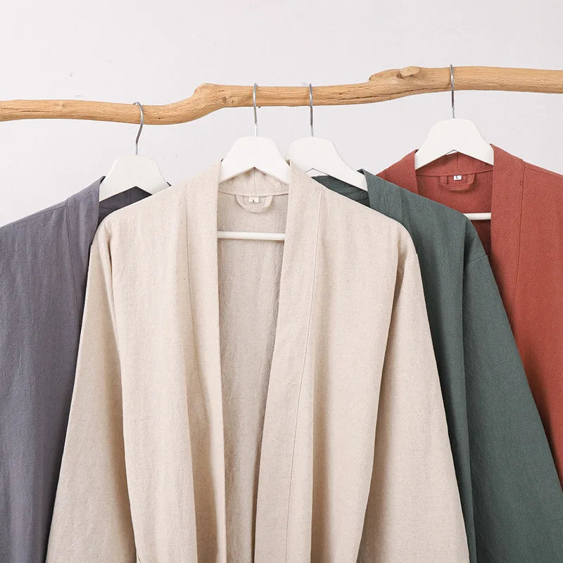 Cotton Linen Kimono Bathrobe Nightgown 2026 New Loose Men And Women Dressing Gown Sleepwear Nightwear Solid Hotel Robe
