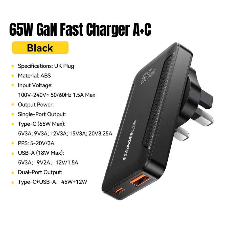 ឆ្នាំងសាក Essager Ultra Thin 65W GaN Pro Travel Charger Quick Charge 4.0 PD3.0 សាកថ្មចល័តប្រភេទ C សម្រាប់ iPhone Samsung Macbook Laptop