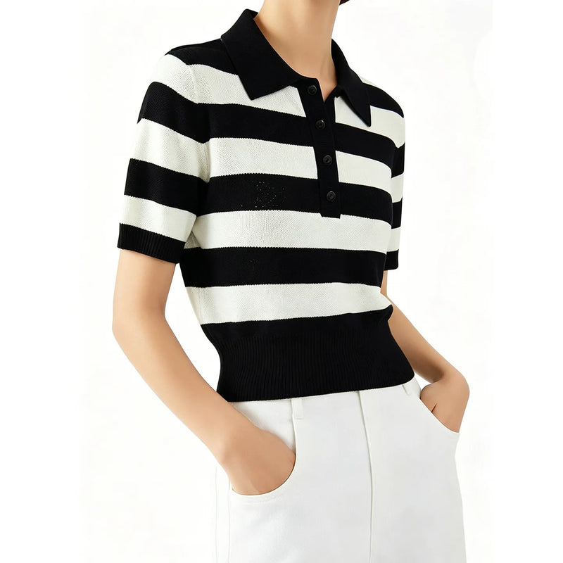 Amii Stripe Women's Knit Top 2026 Summer New Polo Neck Short Sleeve Sweater Slim Fit Casual Cropped Pullover For Women 12622209