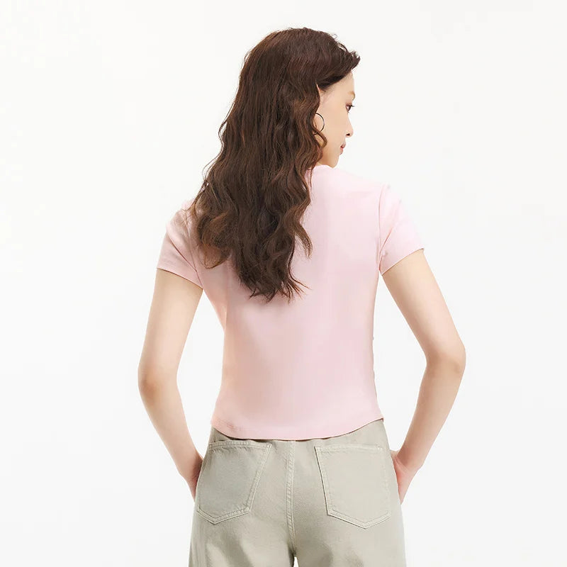 Semir Womens Tshirt 2026 Short Style Slim Printed Regular Shoulder Ruched Waist Slim Fit Casual Soft Daily Wear
