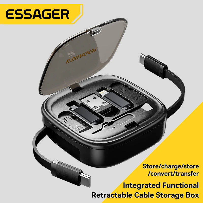 ខ្សែ Essager USB C ទៅ Type-C PD 60W ទៅ Micro Lighting សាកថ្មលឿន ទិន្នន័យធ្វើដំណើរ ខ្សែពហុមុខងារ ជាមួយប្រអប់ផ្ទុកសម្រាប់ដាក់