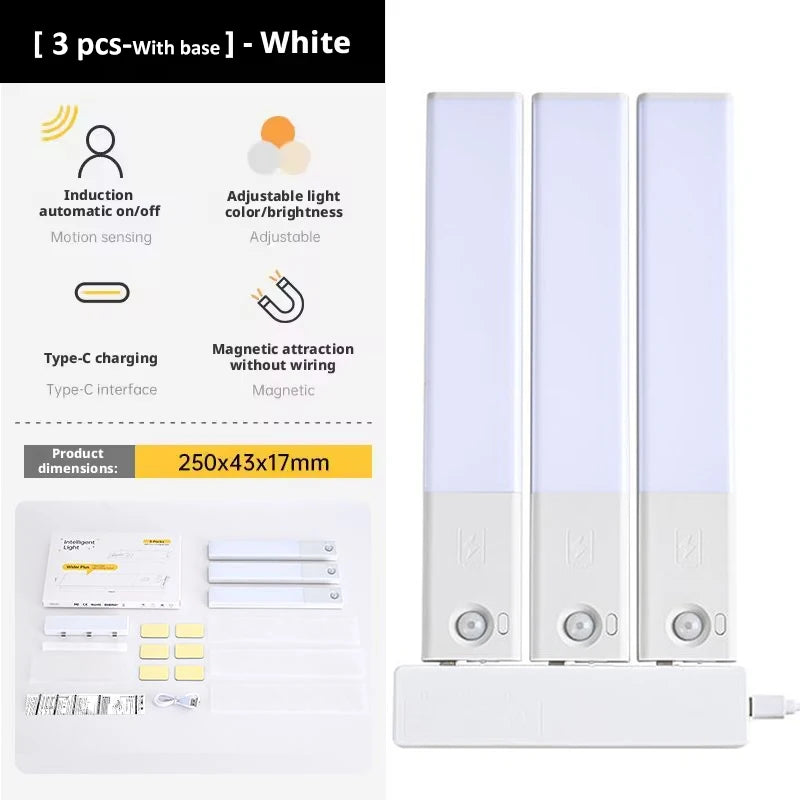 1/3pcs USB Rechargeable LED Under Cabinet Light with Magnetic Dimmable LED Motion Sensor Wireless NightLight for Wardrobe Closet