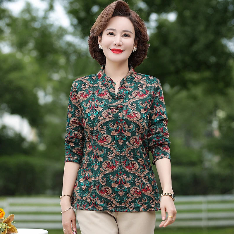អាវយឺត Pullover ថ្មី កមូល រចនាប័ទ្ម Retro ប៊ូតុង បោះពុម្ពធរណីមាត្រ ដៃវែង អាវ Midi រលុង
