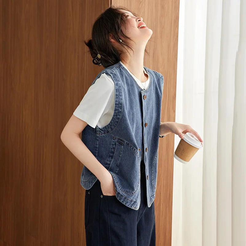 Fashion Versatile Vest Loose Denim Short Jacket Sleeveless Top Women Spring Autumn Buttons Female Waistcoat Casaco Feminino