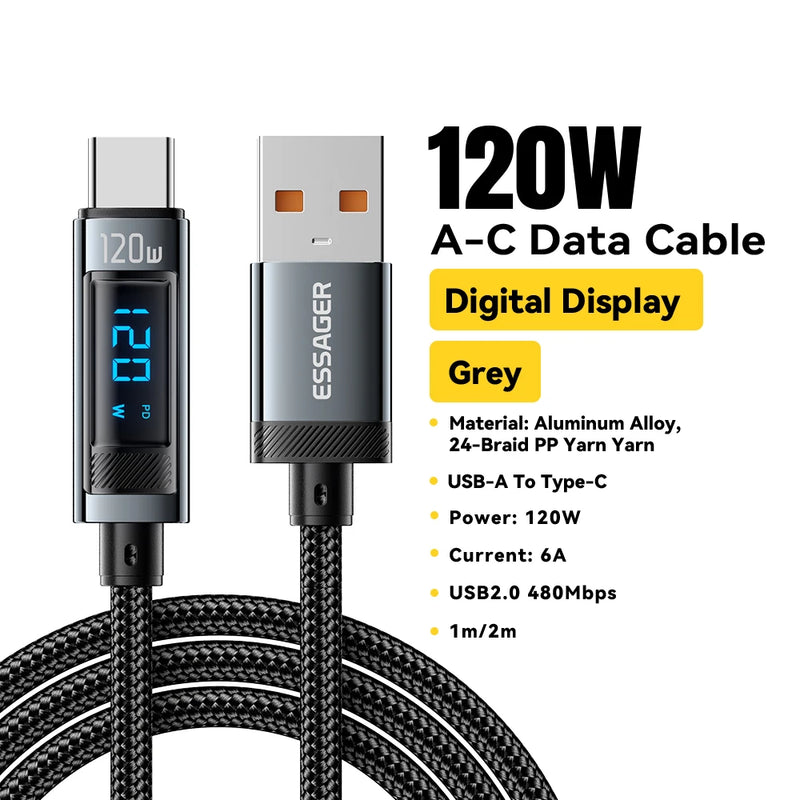 ខ្សែសាក Essager 120W USB Type C PD Super Flash Charging 6A សម្រាប់ Xiaomi 14Pro Redmi K70 POCO X6 Black Shark 3Pro អេក្រង់ LED ឌីជីថល