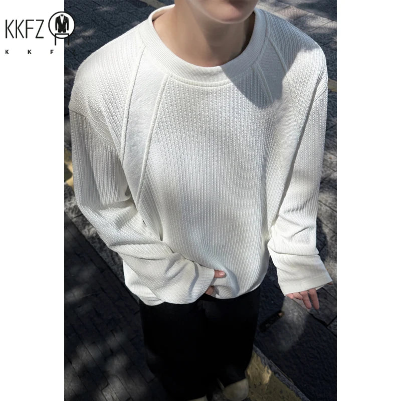 Mens Minimalist Crew Neck Sweater Long Sleeve Vertical Texture Knit Raglan Seam Soft Pullover For Daily Outfit