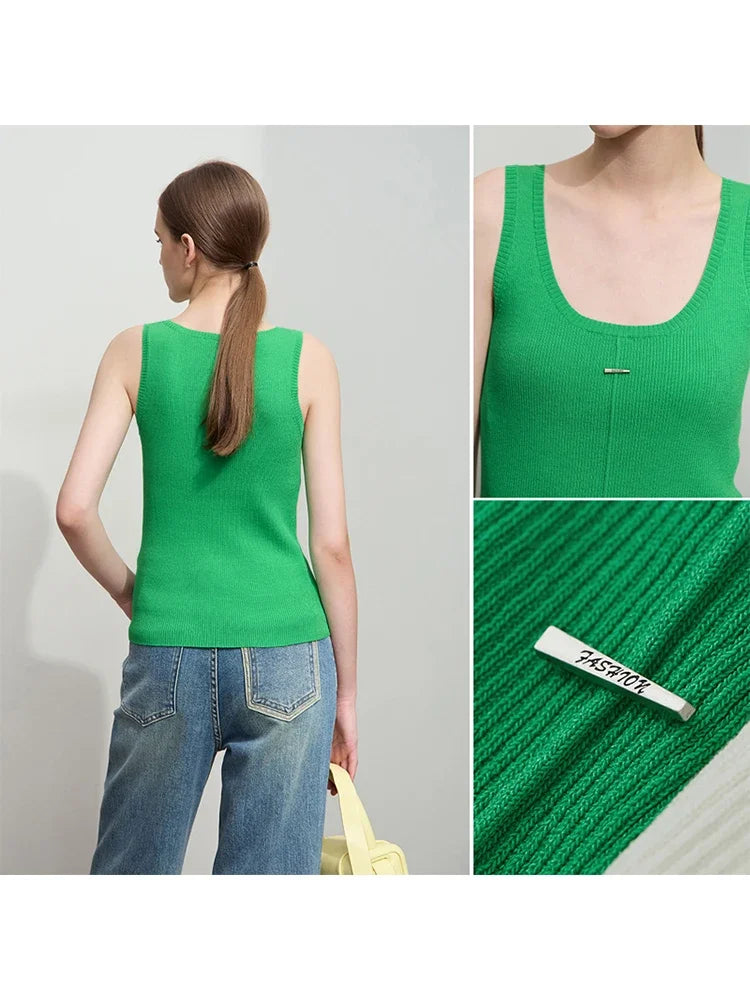 AMII Minimalist Camisole For Women 2025 Autumn New High Street U Neck Metal Decoration Knitted Vest Slim Inner Tops 12511028
