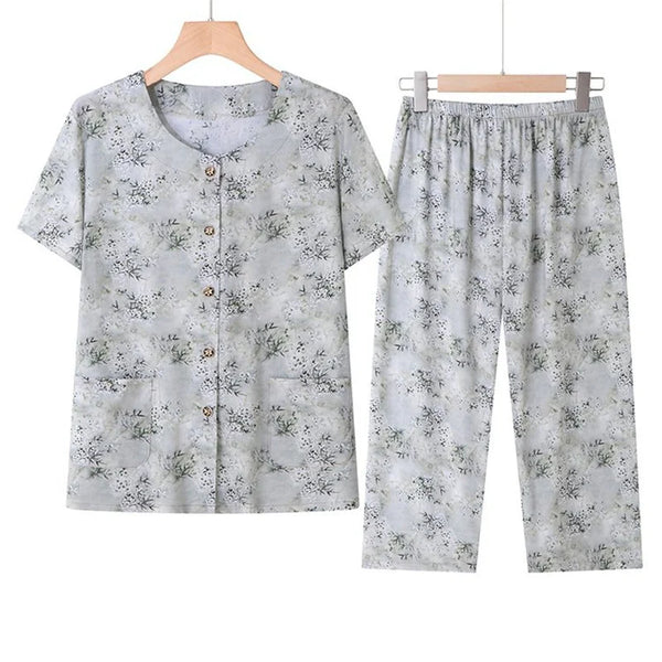 ឈុតខោ Capri ដៃខ្លី XL-5XL ថ្មីសម្រាប់ម្តាយវ័យកណ្តាល pajamas កប្បាស Rayon គេងយប់សម្រាប់ស្ត្រី ឈុតពីរដុំ