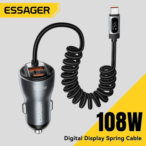 ឆ្នាំងសាករថយន្ត Essager 108W រន្ធ USB-C និង USB-A PD QC4.0 សាកថ្មលឿនជាមួយខ្សែបង្ហាញឌីជីថលសម្រាប់ iPhone 17 Pro MacBook