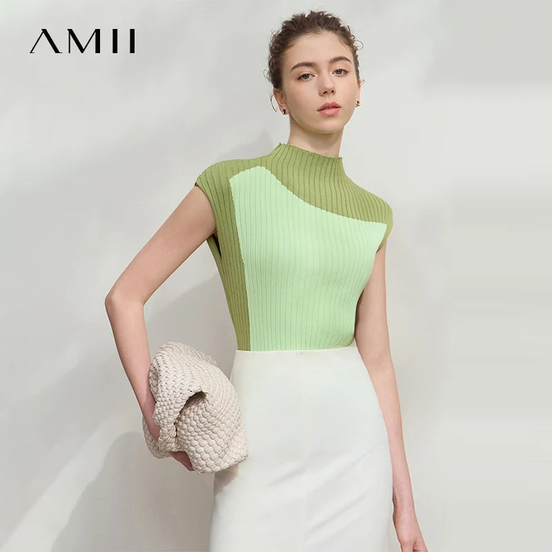 អាវយឺតប៉ាក់សម្រាប់នារី Amii ពណ៌សមល្មម រដូវស្លឹកឈើជ្រុះឆ្នាំ ២០២៥ អាវក្រៅដៃខ្លី កពាក់កណ្តាលអណ្តើក ស្ដើង 12542001