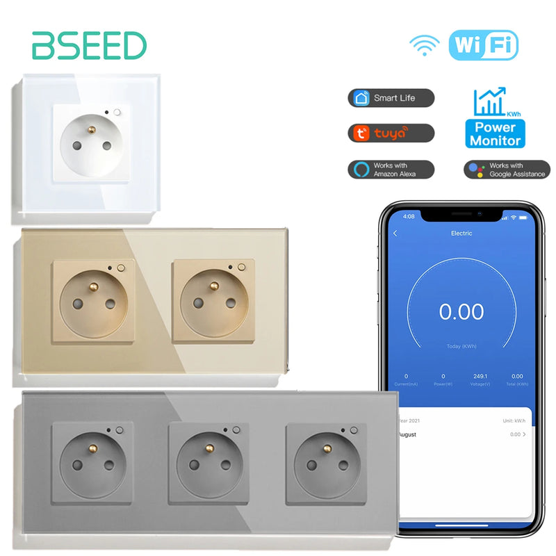BSEED French Standard Electrical Wifi Smart Socket French Type Power Monitor Timing Function Tuya Alexa Wireless Control 16A
