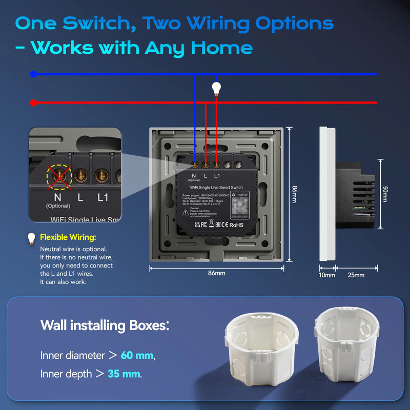 BSEED 1/2/3Gang Matter WIFI Touch Switch Smart Light Switch Work With Apple Home Tuya APP Google Assistant Alexa Voice Control