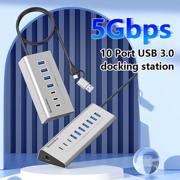 មជ្ឈមណ្ឌល USB3.0 ឥតខ្សែ 7 ច្រក 10 ច្រក USB C Hub 10 ក្នុង 1 អាលុយមីញ៉ូម Splitter Split Switch Adapter អាដាប់ទ័រថាមពល 12V សម្រាប់កុំព្យូទ័រ Macbook