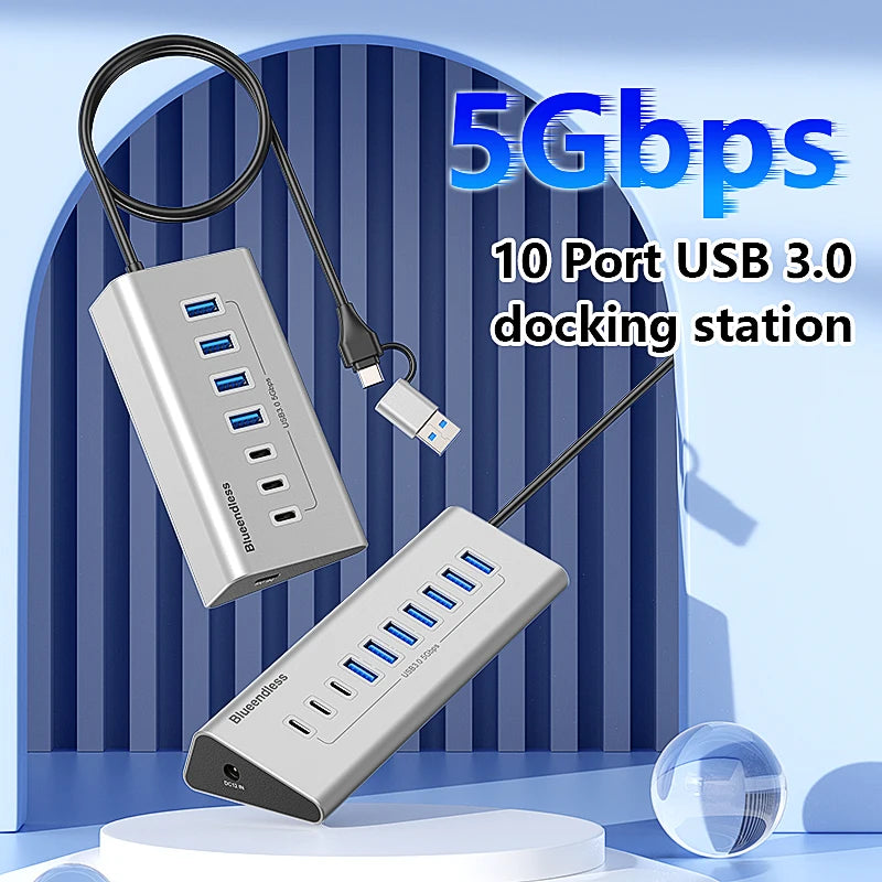 មជ្ឈមណ្ឌល USB3.0 ឥតខ្សែ 7 ច្រក 10 ច្រក USB C Hub 10 ក្នុង 1 អាលុយមីញ៉ូម Splitter Split Switch Adapter អាដាប់ទ័រថាមពល 12V សម្រាប់កុំព្យូទ័រ Macbook
