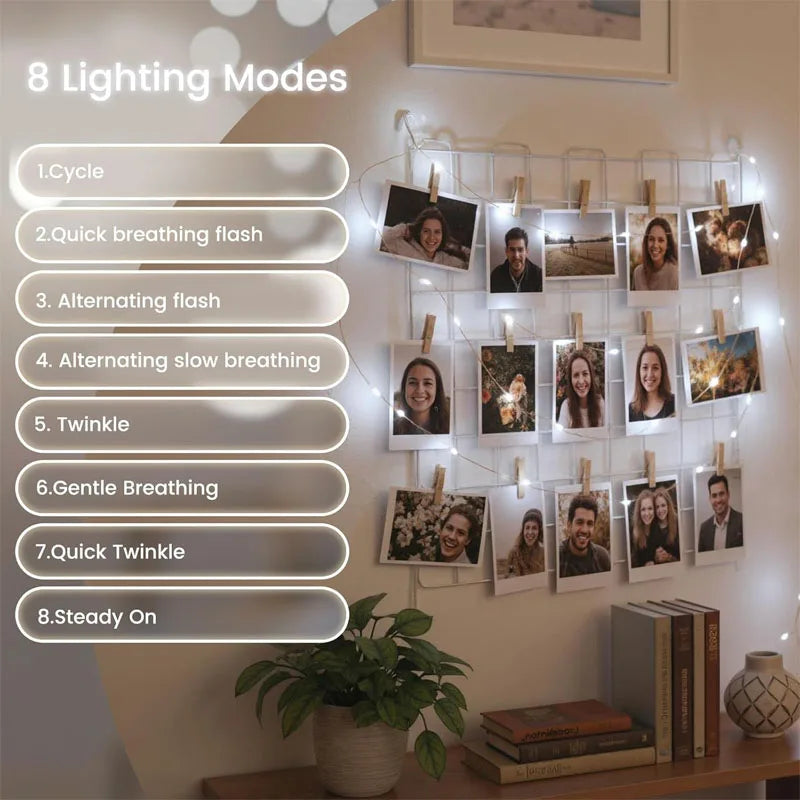 Rechargeable Copper Wire String Lights 8Lighting modes Fairy Light Timer Detachable Design for Halloween Wedding Christmas Decor