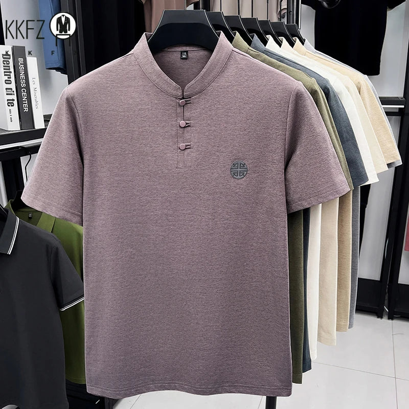 Mens Casual Short Sleeve Henley Shirt Mandarin Collar Frog Button Chinese Style Embroidered Summer Top