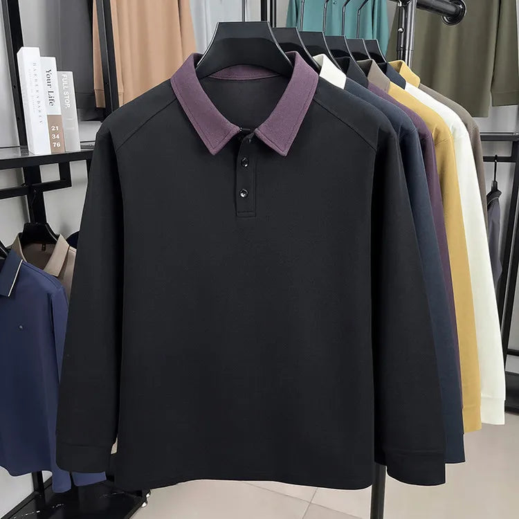 Men's Autumn Knit Polo Shirt, Contrast Collar and Sleeve Design, New Arrival Heavyweight Pullover for Casual Business Wear